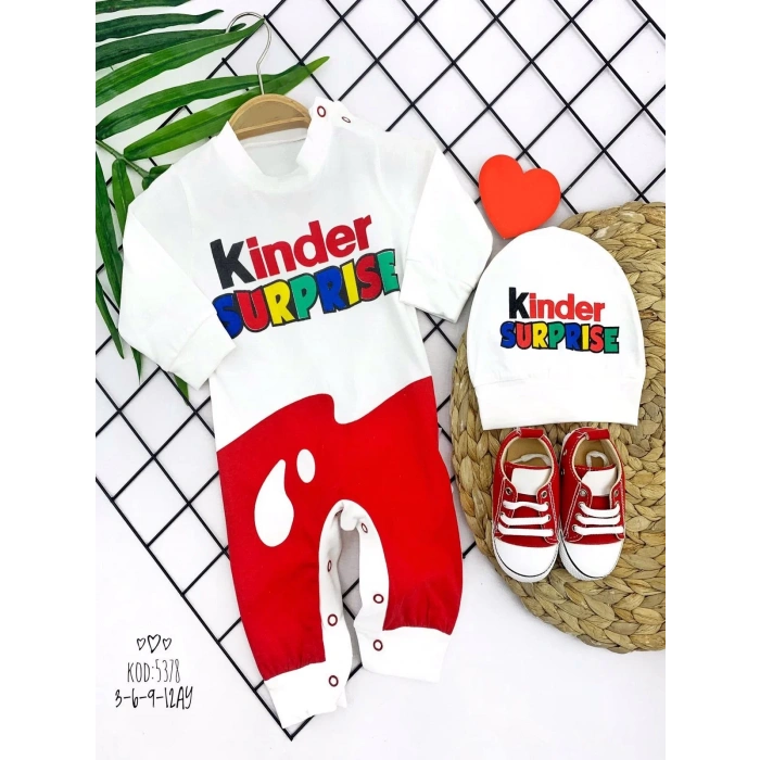 3-6-9-12 Ay Kinder Surprise Baskılı Çıtçıt Kapamalı Şapkalı 2li Kız Erkek Bebek Tulumu Ekru