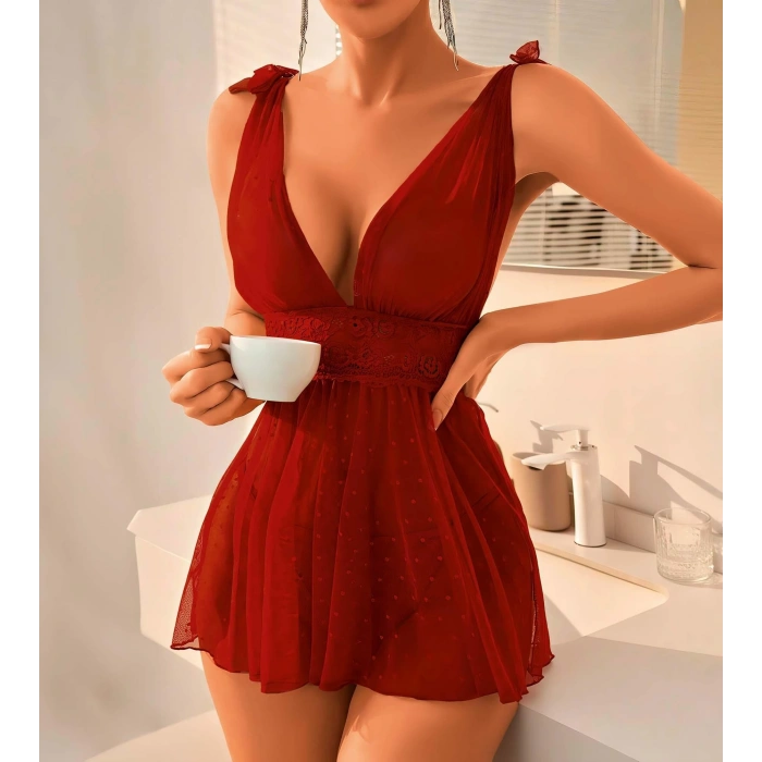 Bordo Dantel İşlemeli Puantiyeli Tül Fantezi Gecelik