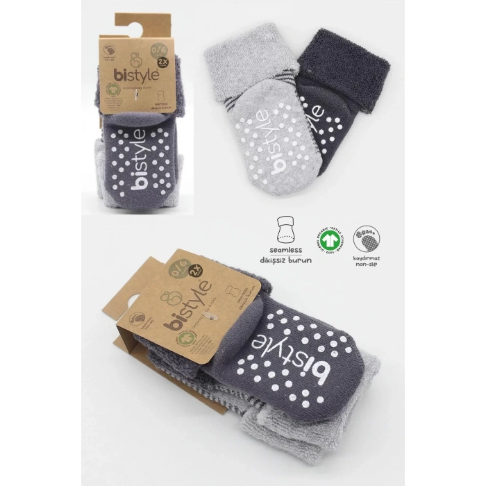 Çemberli Kaymaz Havlu Soket Çorap 2li  Gri,antrasit