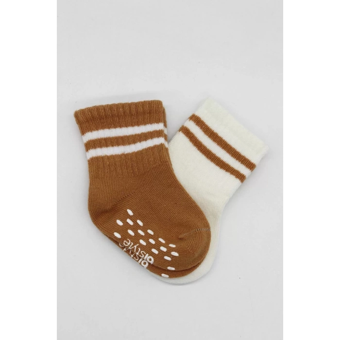 Çemberli Kaymaz Soket Çorap 2li  Ekru Hardal