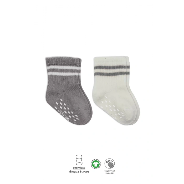 Çemberli Kaymaz Soket Çorap 2li  Gri Ekru