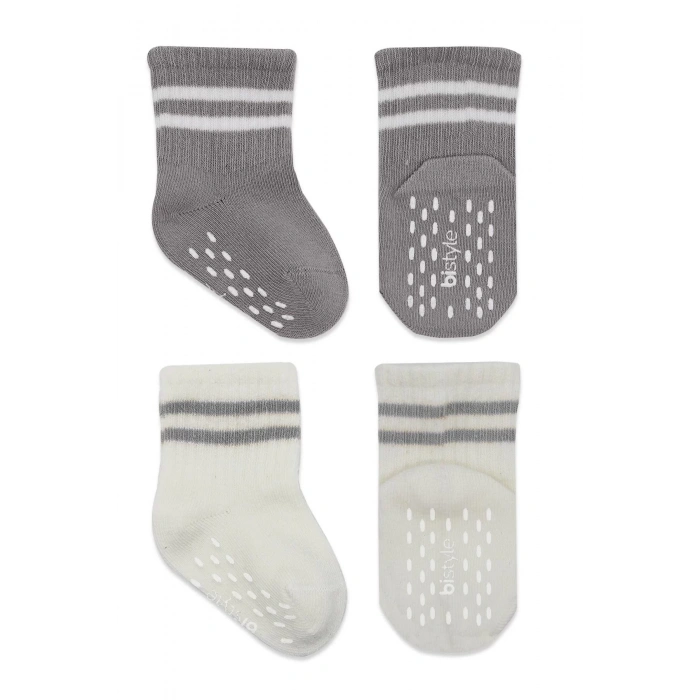 Çemberli Kaymaz Soket Çorap 2li  Gri Ekru