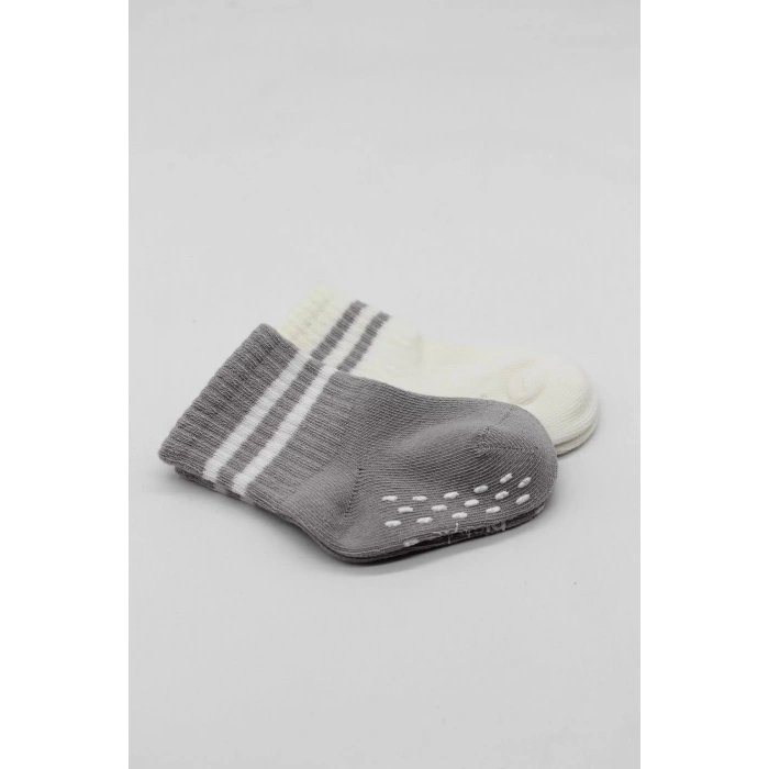 Çemberli Kaymaz Soket Çorap 2li  Gri Ekru