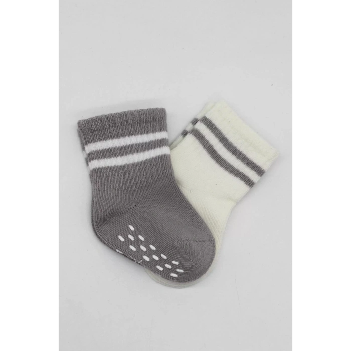 Çemberli Kaymaz Soket Çorap 2li  Gri Ekru
