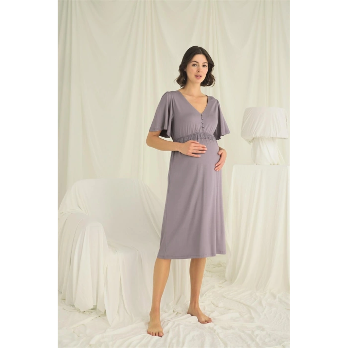 Dantelli Önden Düğmeli Hamile Lohusa Gecelik