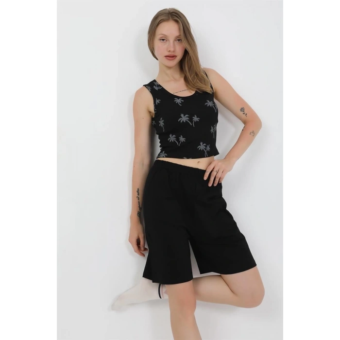 Giyim KADIN KALIN ASKILI PAMUK PENYE ŞORTLU CROP TAKIM SİYAH