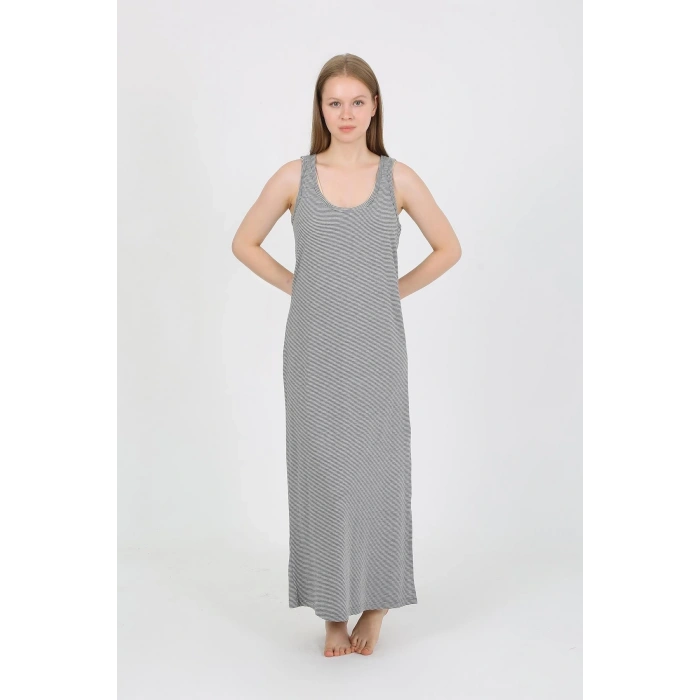 Giyim KADIN KALIN ASKILI YIRTMAÇLI UZUN GRİ GECELİK