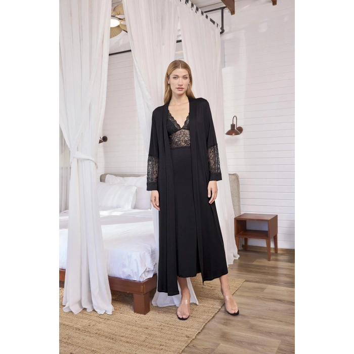 Göğüs Ve Sırt Dekolteli Dantelli Sabahlık Takımı