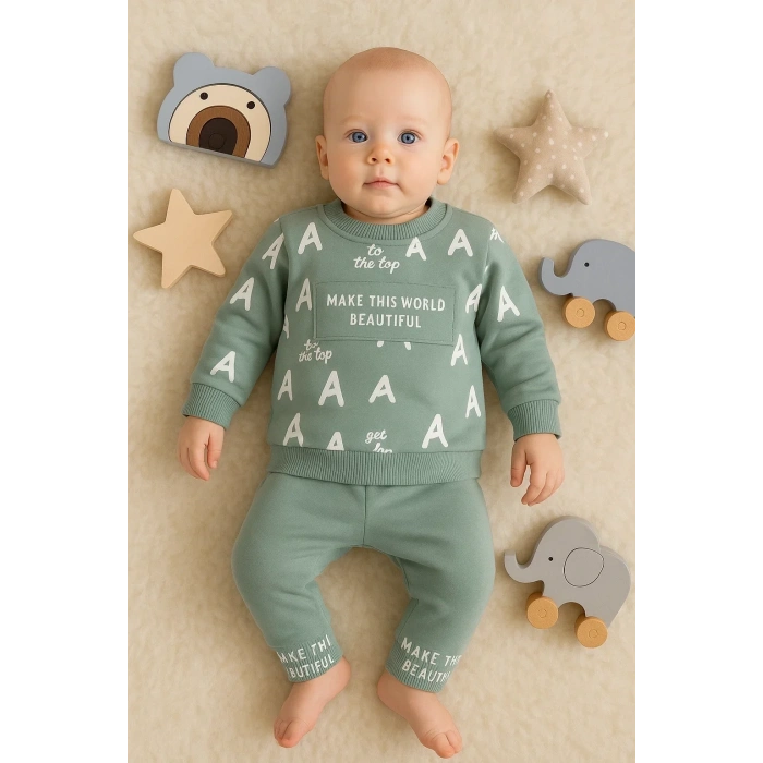 Harf Baskılı 2li % 100 Pamuk Erkek Bebek Takımı