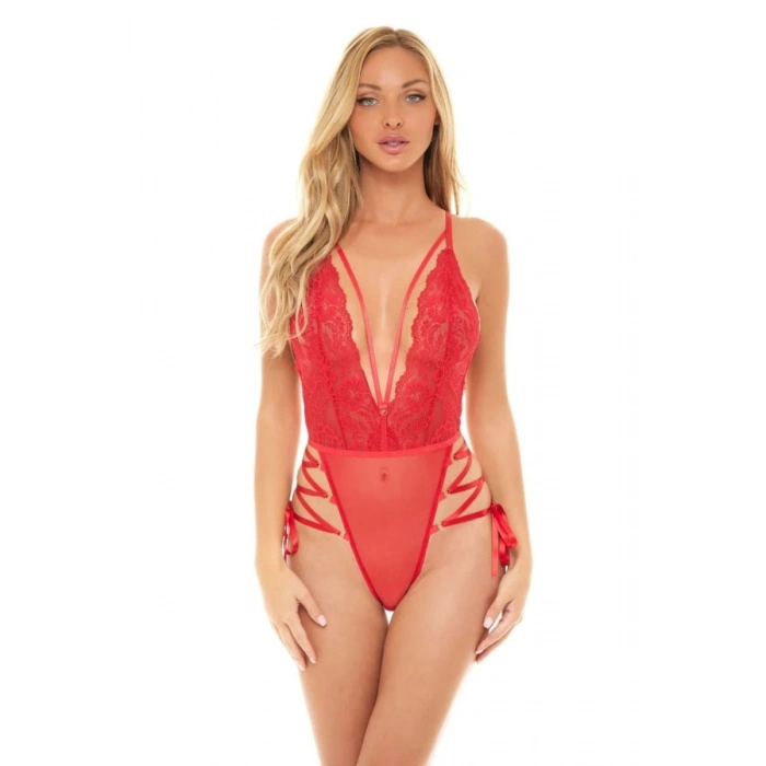 İp Detaylı Dantelli Kırmızı Transparan Fantezi Body