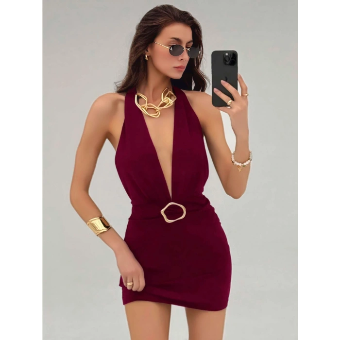 Kadın Bordo Aksesuar Detaylı Boyundan Bağlamalı Şık Tasarım Fantezi Elbise 5140