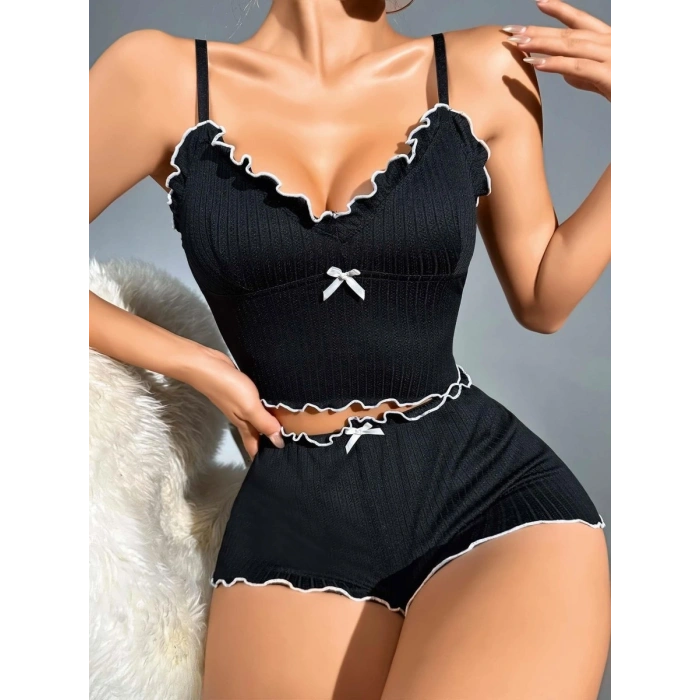 Kadın Siyah Fitilli Askılı Şortlu Pijama Takım 6659