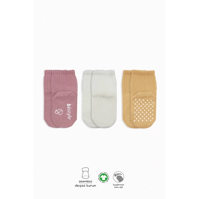 Kaymaz Penye Soket Çorap 3lü  Pudra Ekru Somon