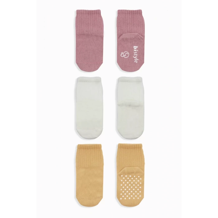 Kaymaz Penye Soket Çorap 3lü  Pudra Ekru Somon