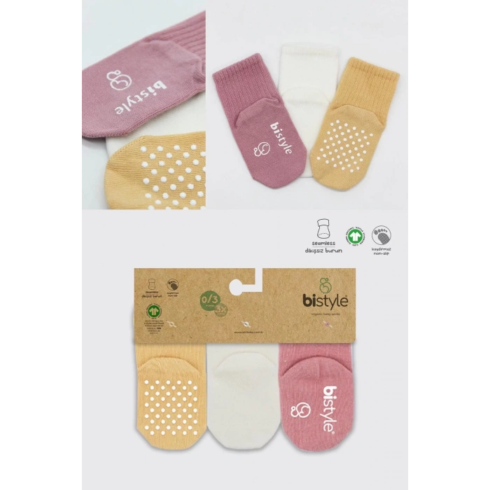 Kaymaz Penye Soket Çorap 3lü  Pudra Ekru Somon