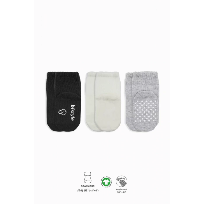 Kaymaz Penye Soket Çorap 3lü  Siyah Ekru Gri
