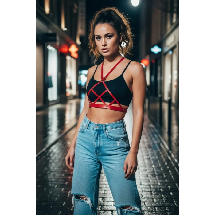 Kırmızı Kadın Kemer Deri Çapraz Bantlı Vücut Aksesuarı - Brf187