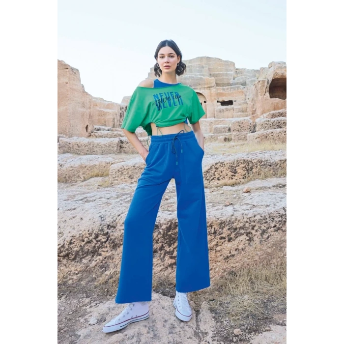 Kısa Kollu never Give Up 3lü Crop Eşofman Takımı