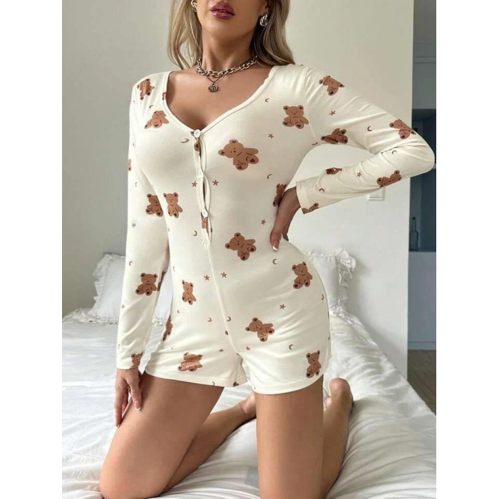Pamuklu Ekru Ayıcık Desenli Düğmeli Tulum Pijama