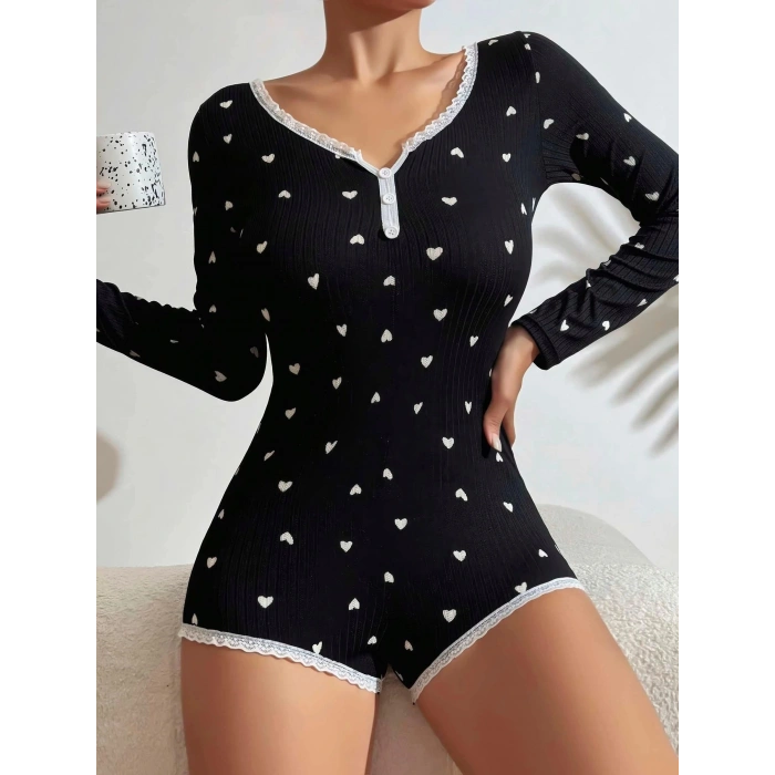 Pamuklu Siyah Kalp Desenli Tulum Pijama