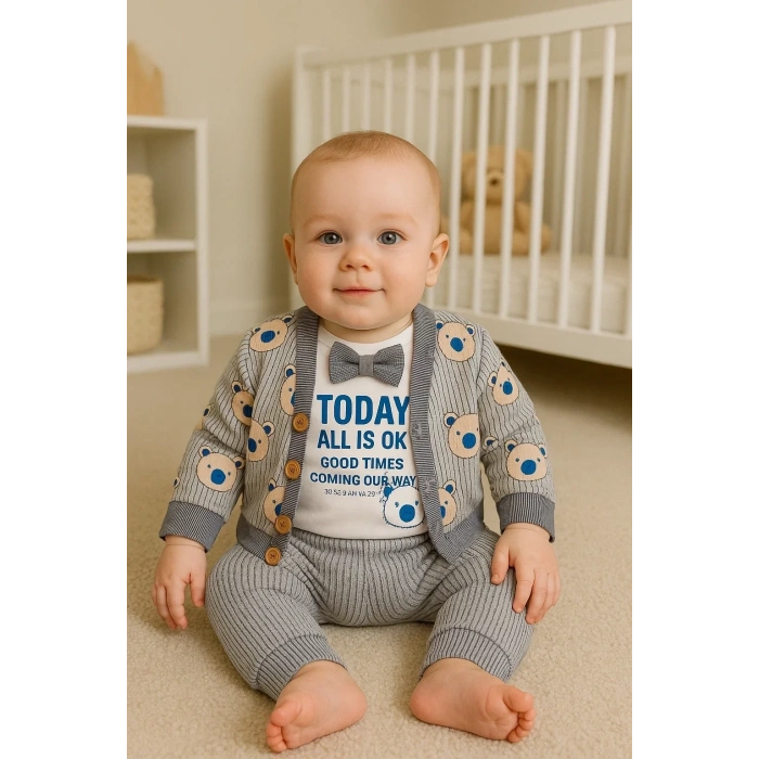 Papyonlu Bear Çizgili Model Ceketli 3lü Erkek Bebek Takımı