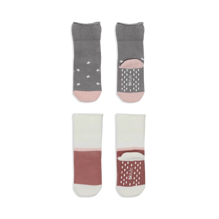 Puanlı Kaymaz Havlu Soket Çorap 2li  Gri Pudra
