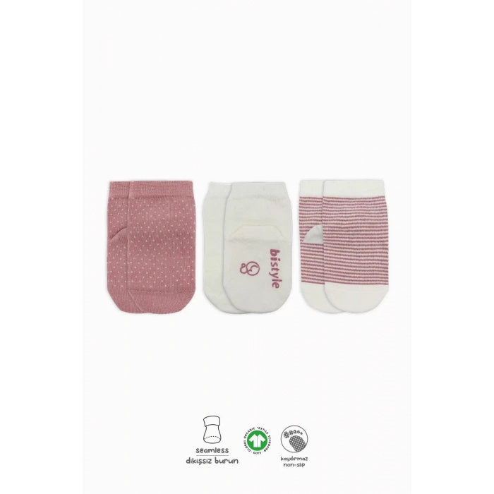 Puanlı Kaymaz Penye Soket Çorap 3lü Bs10108 Pudra