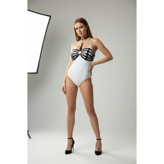 Siyah Göğüs Harness Deri Çok Bantlı Kafes Detaylı - Brf1408