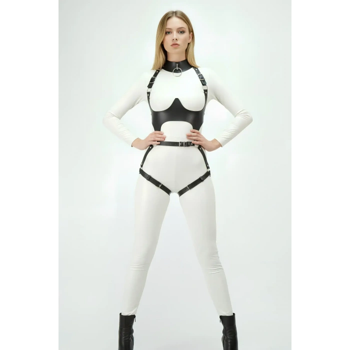 Siyah Göğüs Harness Deri Tokalı Vücut Korse - Brf1402