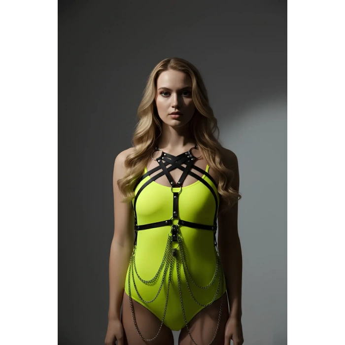 Siyah Kadın Kemer Deri Çapraz Göğüs Detaylı - Brf11