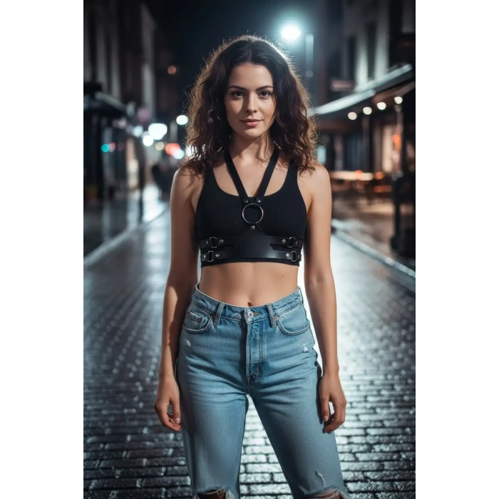 Siyah Kadın Kemer Deri O Halka Detaylı Harness - Brf20