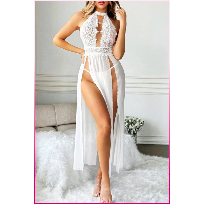 Under Moda Beyaz Kalp Aksesuarlı Tül Etekli Kadın Seksi Gecelik