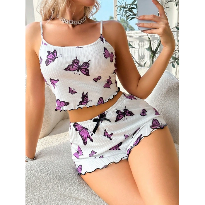 Under Moda Kadın Lila Kebek Desenli Mini Şortlu Takım