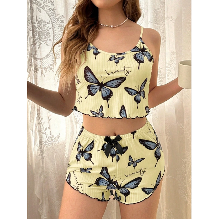 Under Moda Kadın Sarı Kelebek Desenli Askılı Şortlu Ribana Pijama Takımı,Rahat ve Şık Ev Giyim,Kadın Pijama