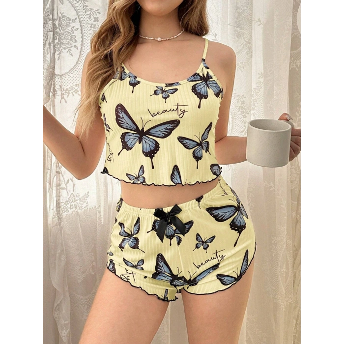 Under Moda Kadın Sarı Kelebek Desenli Askılı Şortlu Ribana Pijama Takımı,Rahat ve Şık Ev Giyim,Kadın Pijama