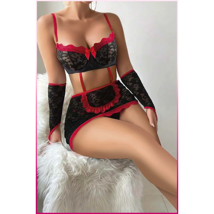 Under Moda Kadın Siyah Dantel Etekli, Kol Bantlı, Göğüs Balenli  Fantazi Kostüm