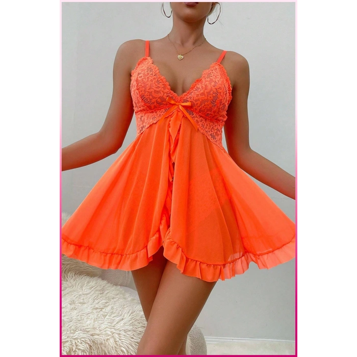 Under Moda Kadın Zarif Turuncu Tül Gecelik ve Külot Takım