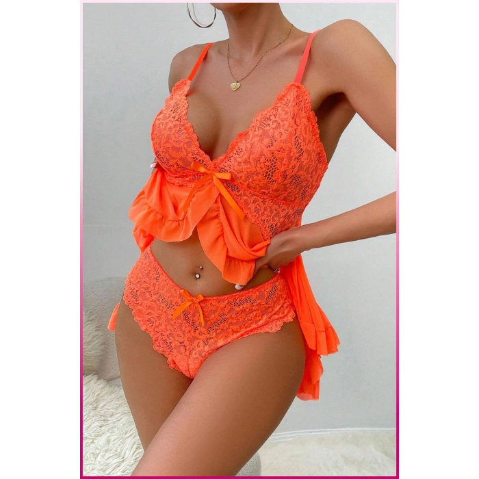 Under Moda Kadın Zarif Turuncu Tül Gecelik ve Külot Takım