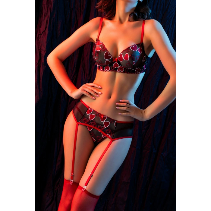 Under Moda Kırmızı Dantel Jartiyerli 4’lü Fantazi İç Giyim Takımı,Transparan Ayarlanabilir Askılı,Kadın İçGiyim