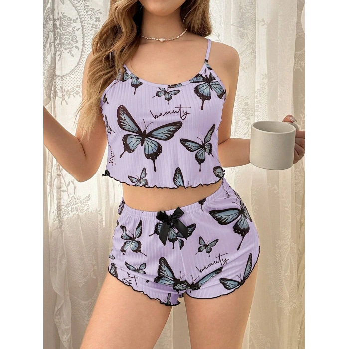 Under Moda Mor Renk Kelebek Desenli Şortlu Ev Giyim Takımı,Kadın Yazlık Askılı Pijama, Rahat ve Şık Ev Giyim