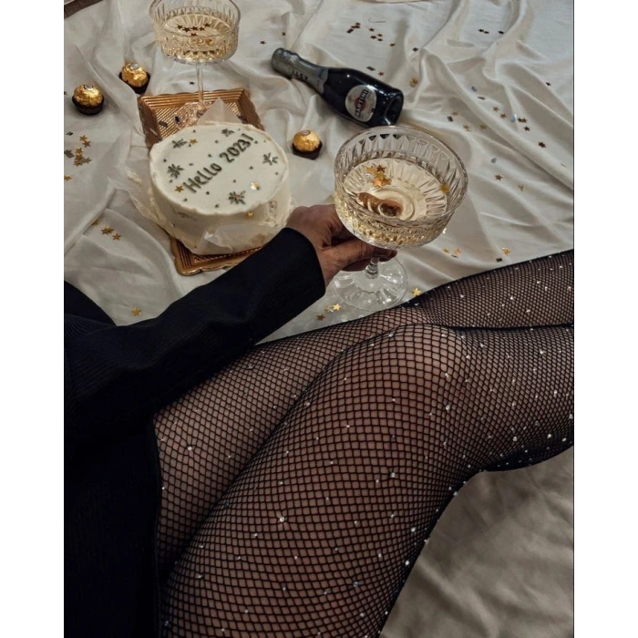 Under Moda Siyah File Taşlı Çorap