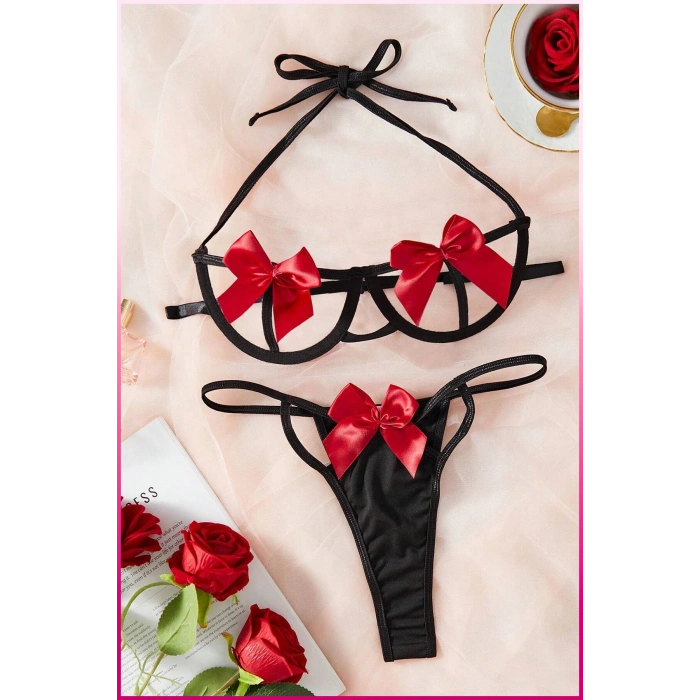 Under Moda Siyah-Kırmızı Göğüs Fiyonklu Balenli Sütyen Külot Takım