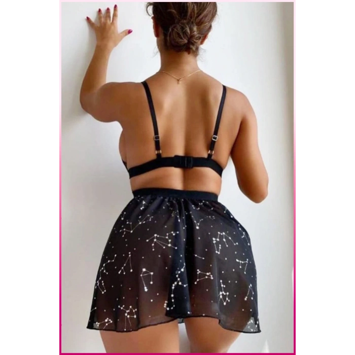 Under Moda Siyah Parlak Yıldızlı Kadın Etekli Fantazi Kostüm