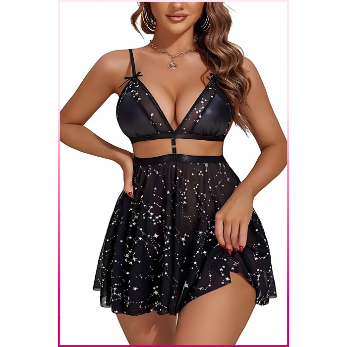 Under Moda Siyah Parlak Yıldızlı Kadın Etekli Fantazi Kostüm