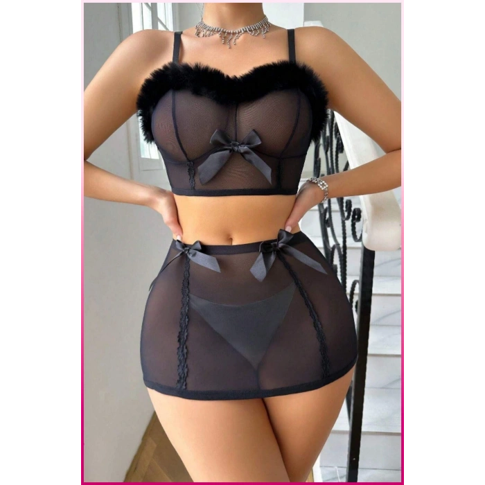 Under Moda Siyah Tül Kurdele Detaylı Seksi İç Giyim Seti