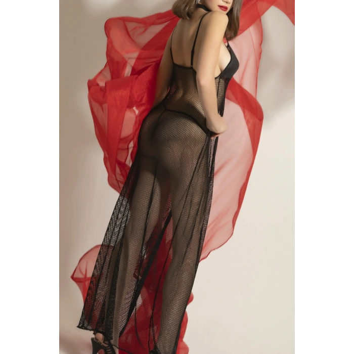 Under Moda Transparan Fileli Uzun Babydoll Takım,Dantel Detaylı Gecelik,Tanga,Boyunluk 3lü Set