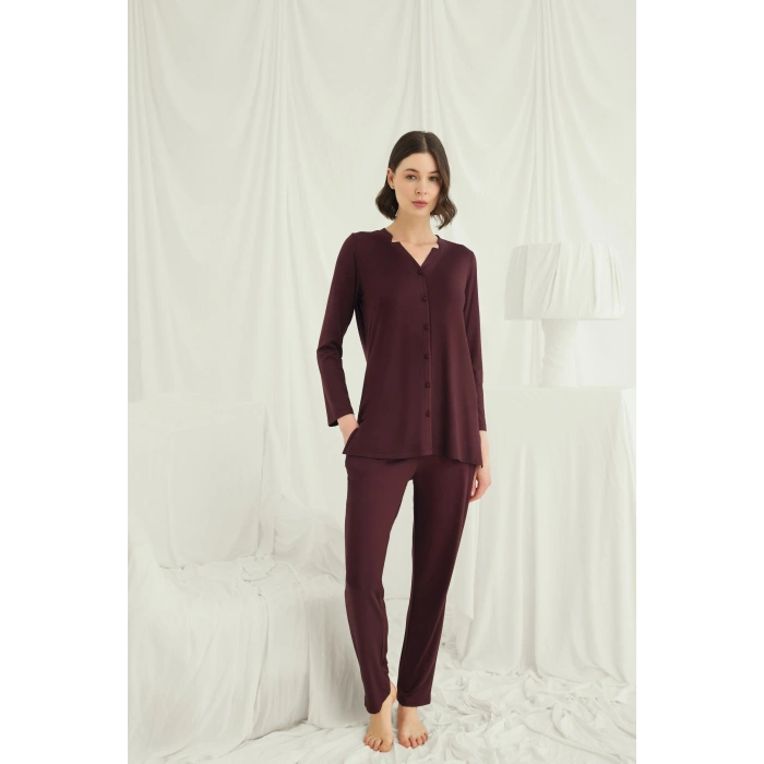 Uzun Kollu Boydan Düğmeli V Yaka Pijama Takımı