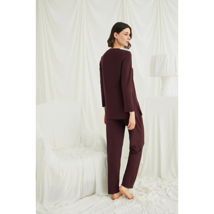 Uzun Kollu Boydan Düğmeli V Yaka Pijama Takımı