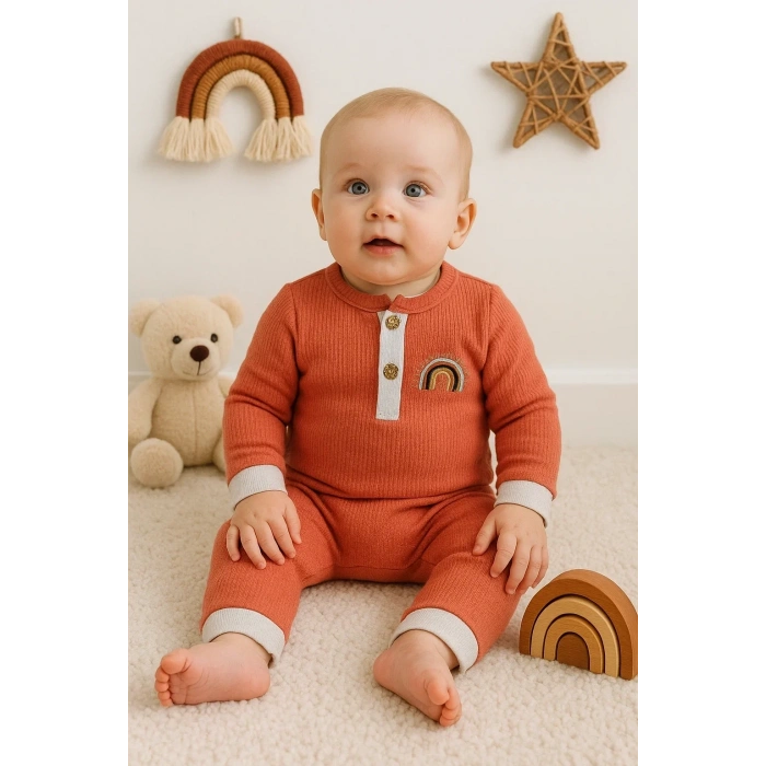 Waffle Gökkuşağı Nakışlı Erkek Bebek Tulumu