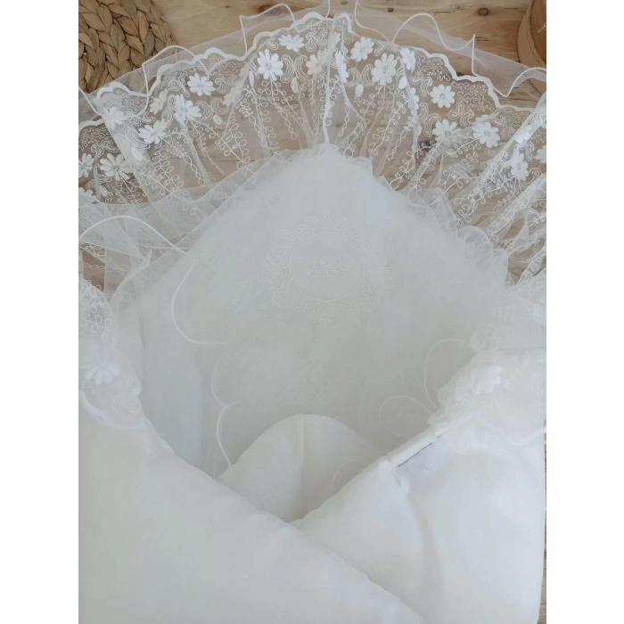 Yenidoğan Gelinlik Duvaklı Trilüks Kundak Bebek Battaniyesi Ekru